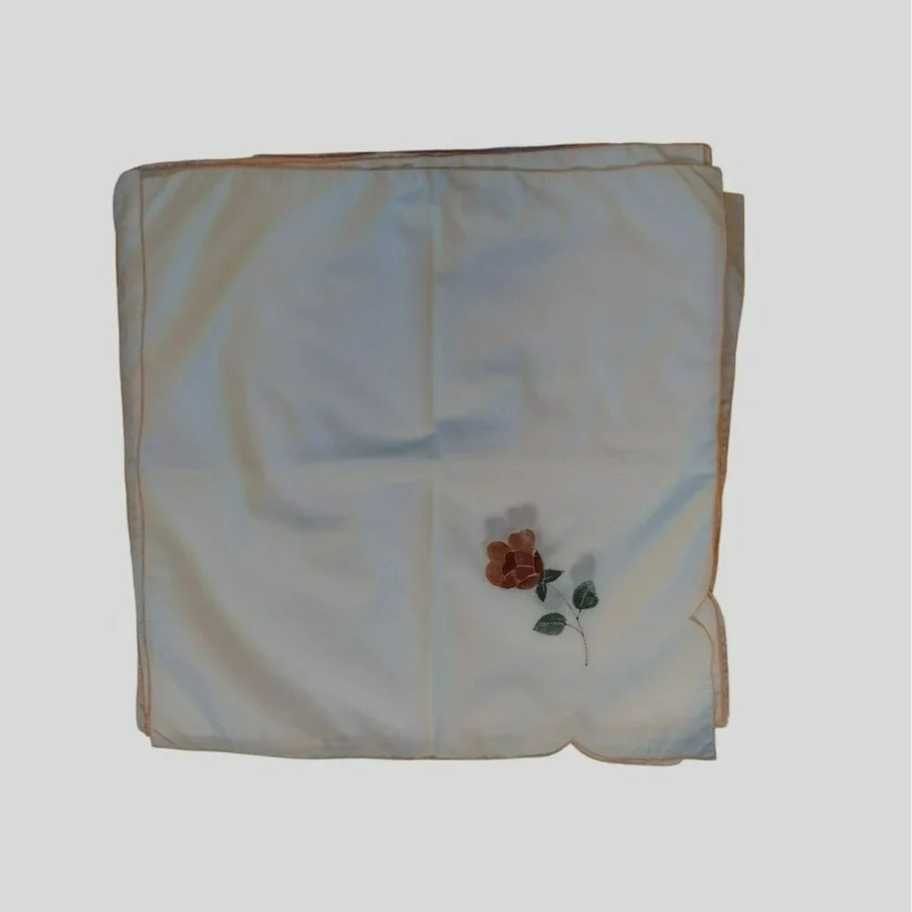 Vintage Square Embroidered Napkins, Set of 6, Rose Embroidery, Scalloped Edging